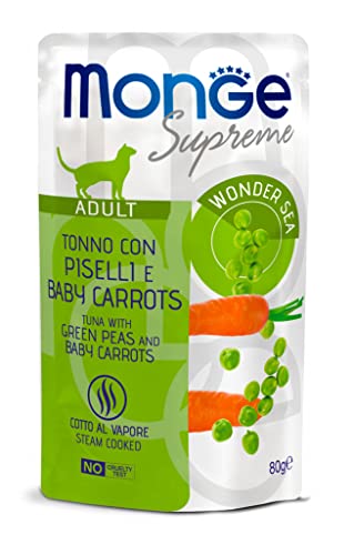 Monge Supreme Adult Tuna With Green Peas And Baby Carrots, Cibo Umido Per Gatti (Cibo Per Gatti A Base Di Tonno Con Piselli Verdi E Carote Baby, Molto
