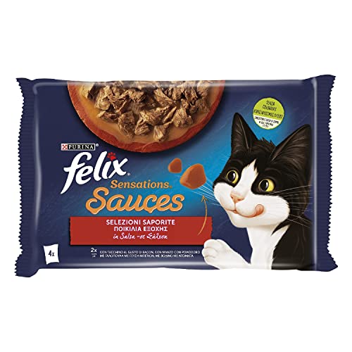 Purina Felix Sensations Sauces Cibo Umido Per Gatti Con Tacchino In Salsa Al Gusto Bacon E Con Manzo In Salsa Con Pomodoro, 4 Buste Da 85 G Ciascuna