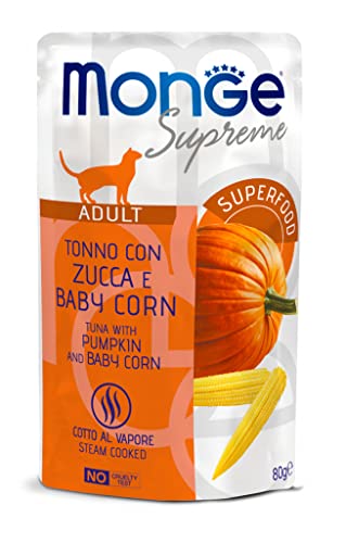Monge Supreme Adult Tuna With Pumpkin And Baby Corn, Cibo Umido Per Gatti (Cibo Per Gatti A Base Di Tonno Con Zucca E Baby Corn, Molto Ricco Di Fibre 