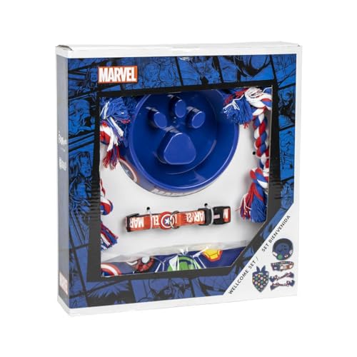 Set Regalo Di Benvenuto Per Cani Di Avengers - Colore Blu - Design Di Supereroi - Dimensioni 28 X 30 X 6,8 Cm - Mangiatoia, Fazzoletto, Corde E Collan
