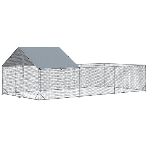 Pawhut Pollaio Da Giardino Per 15-18 Galline In Acciaio Zincato E Pe Con Tettoia E Serratura, 600X300X195 Cm, Grigio Argento
