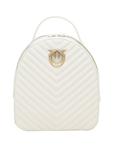 Pinko Love Click Backpack Vitello Nappato Chevron, Zaino Donna, Z14Q_Bianco Seta-Antique Gold, U