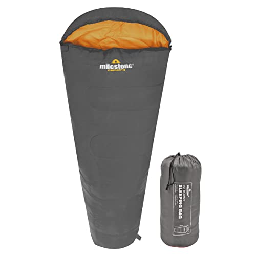 *Milestone Camping Sacco A Pelo Singolo A Mummia - Isolamento Termico 2 Stagioni - Resistente All'Acqua - Custodia Di Trasporto - Grigio E Arancione*