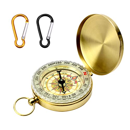 1 Orologio Da Tasca Con Bussola Dorata Con 2 Moschettoni (Nero E Arancione), Bussola Direzionale Esterna In Rame Puro, Orologio Da Tasca Con Bussola L