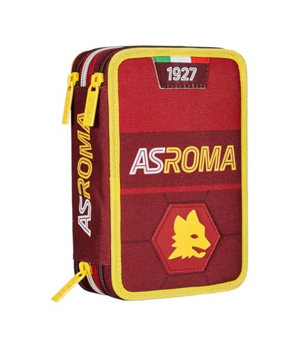 Seven Astuccio Scuola 3 Scomparti, A.S. Roma Calcio - Verso La Vittoria, Rosso Giallo - Portapenne Multi Scomparto Con Matite, Penne E Colori