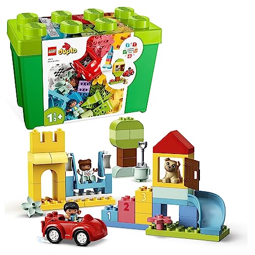 Lego Duplo Contenitore Di Mattoncini Grande Con Macchina Giocattolo, 2 Personaggi E 1 Cane, Giochi Educativi Per Bambini E Bambine Creativi Da 1,5 Ann