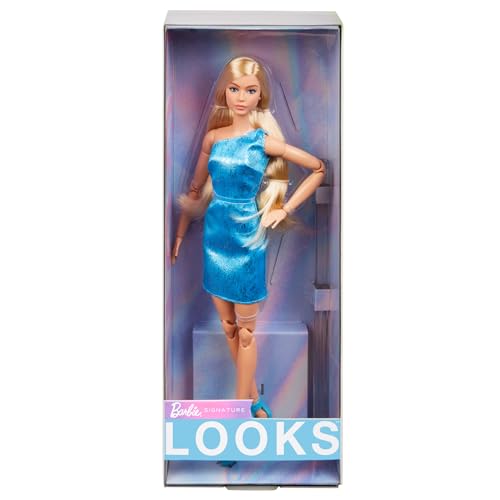 Barbie Looks - Bambola Da Collezione N. 23, Barbie Con Capelli Biondo Cenere E Look Moderno Anni 2000, Abito Blu Monospalla E Tacchi Con Laccetti, Gio