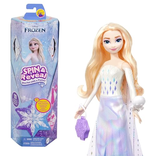 Mattel Disney Frozen - Elsa Spin & Reveal, Set Con Bambola E 11 Sorprese Da Scoprire, 5 Accessori E 5 Adesivi Inclusi, Look Ispirato Al Film Disney, G