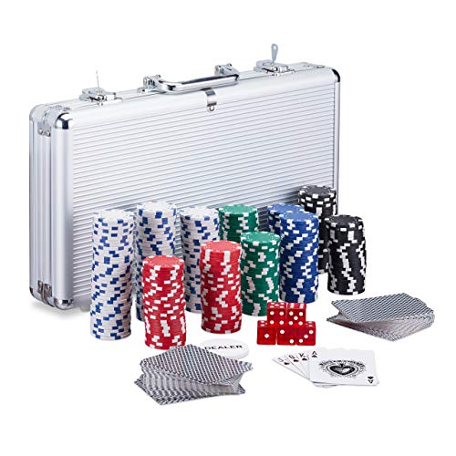 Relaxdays Poker Set, 300 Fiche, 2 Mazzi Di Carte, 5 Dadi, Dealer Button, Valigetta In Alluminio Richiudibile, Argento, Multicolore, 10023519