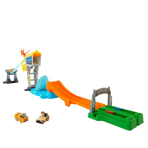 Hot Wheels Racerverse - Pista Corsa Del Velociraptor Blue, Playset Isola Di Jurassic World Con 2 Macchinine Da Corsa E I Piloti Blue Il Velociraptor E