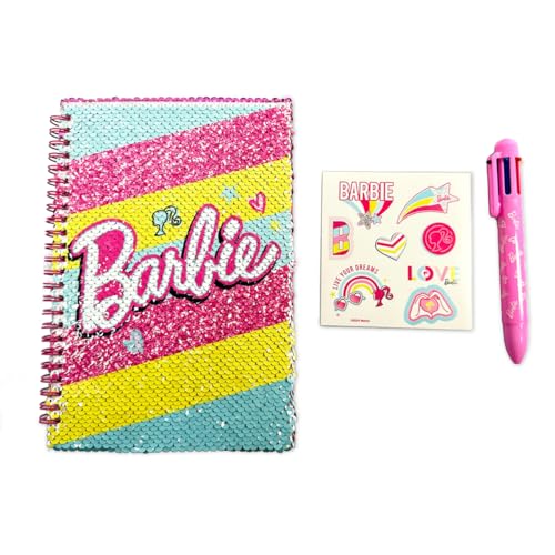 Ods - Barbie My Notebook, Quaderno Con Paillettes Reversibili, Pagine Con Righe, Pagine Bianche E Disegni Da Colorare, Inclusa Penna Multicolor E 1 Fo