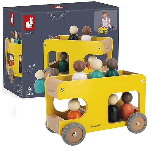 Janod - Scuolabus In Legno Bolid - 6 Personaggi Inclusi - Ruote Silenziose - Immaginazione E Abilità Fino-Motorie - Certificato Fsc - Vernice Ad Acqua