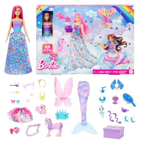 Barbie - Calendario Dell'Avvento Dreamtopia, Bambola Barbie Dai Capelli Rosa E 24 Accessori A Sorpresa Inclusi Tra Cui Un Unicorno E 3 Cuccioli, Gioca