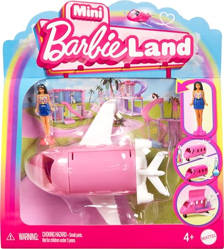 Barbie Mini Barbieland - Set Mini Aereo Dei Sogni E Bambola, Playset Bambola 3,8 Cm E Veicolo Con Sorpresa Cambia Colore In Acqua Calda E Fredda, Gioc