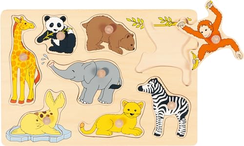 Goki - 2041554 - Puzzle Di Legno Per Incasso - Giovani Animali - 15 Pezzi