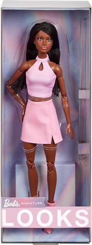 Barbie Looks - Bambola Da Collezione N. 21, Barbie Con Trecce Nere E Look Moderno Anni 2000, Top Rosa Senza Spalline, Gonna In Finta Pelle E Stivalett