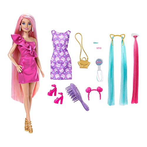 Barbie - Fun & Fancy Hair, Bambola Con Lunghissimi Capelli Biondi Colorati E Abito Rosa Lucido, 10 Accessori Per Il Look E Lo Styling Inclusi, Giocatt