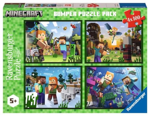Ravensburger - Puzzle Minecraft, Collezione Bumper Pack 4X100, 4 Puzzle Da 100 Pezzi, Età Raccomandata 5+ Anni