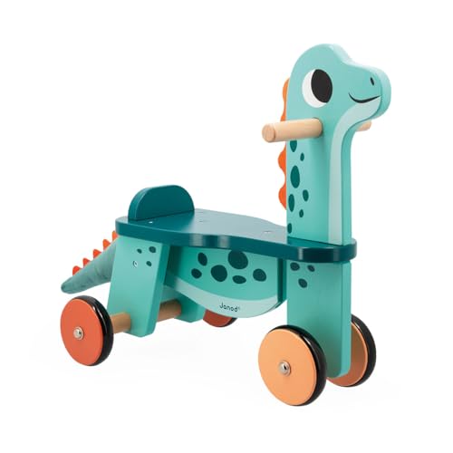 Janod Cavalcabile Dinosauro Portosauro-Altezza Sedile 21 Cm-Coda Peluche Removibile-Giocattolo Multisensoriale Legno Fsc-Dai 12 Mesi, J05828, Multicol