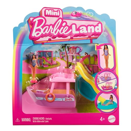 Barbie Mini Barbieland - Set Mini Barca Dei Sogni E Bambola, Playset Bambola 3,8 Cm E Veicolo Con Sorpresa Cambia Colore In Acqua Calda E Fredda, Gioc