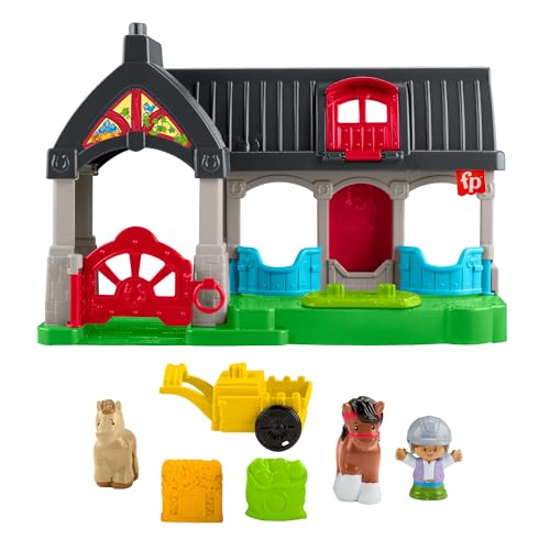 Fisher-Price Little People - Maneggio Dei Cavalli, Playset Con Suoni, Fienile E Tre Stalle, Include 2 Cavalli, 1 Personaggio, 1 Carro Agganciabile E 2