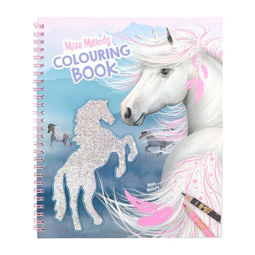 Depesche 12765 Miss Melody-Libro Da Colorare Con 20 Pagine Per Disegnare Motivi Di Cavalli, Foglio Di Adesivi E Decorazione Con Paillettes, Multicolor