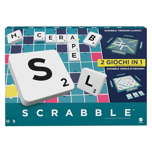 Mattel Games Scrabble - Il Gioco Da Tavolo Delle Parole, Nuova Versione Con Doppio Tabellone E Modalità Parole Di Squadra, Include 50 Obiettivi, Edizi