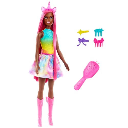 Barbie - Unicorno Capelli Fantasia, Bambola Con Capelli Magenta Lunghi 18+ Cm E Accessori Colorati Per Lo Styling, Include 1 Spazzola, 1 Fascia E Ferm