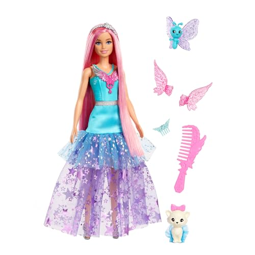 Barbie Un Tocco Di Magia Malibu Roberts, Bambola Con Abito Dal Look Scintillante, Lunghi Capelli E Accessori Fantasy, Due Cuccoli Fantastici Inclusi,