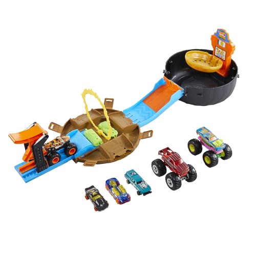 Hot Wheels Monster Trucks - Ruota Acrobatica, Playset Arena Portatile Con 3 Veicoli Monster Trucks E 3 Macchinine In Scala 1:64 Incluse, Giocattolo Pe