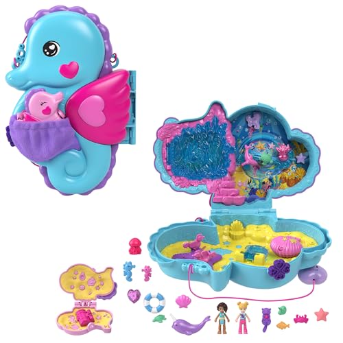 Polly Pocket - Borsetta Cavallucci Marini, Playset 2-In-1 Con Bambole Polly E Shani, Animali E 13 Accessori Inclusi, Diventa Una Borsetta Da Indossare
