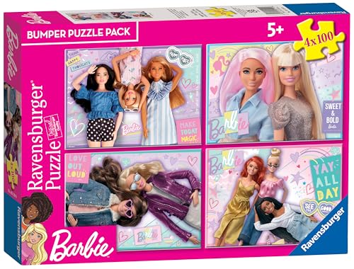 Ravensburger - Puzzle Barbie, Collezione Bumper Pack 4X100, 4 Puzzle Da 100 Pezzi, Età Raccomandata 5+ Anni