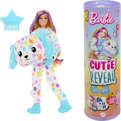 Barbie - Cutie Reveal Serie Color Dream, Bambola Con Costume Da Dalmata Di Peluche Arcobaleno E 10 Accessori A Sopresa Con Effetto Cambia Colore, Gioc