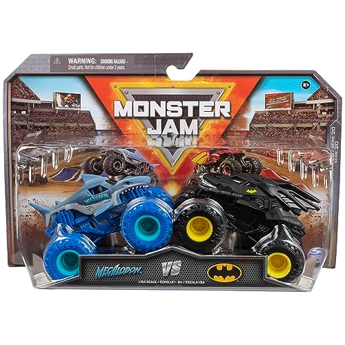 Monster Jam Stadion Confezione Da Due Originali Batmobile Contro Megalodon Authentic Monster Trucks Scala 1:64, Multicolore, 6065293