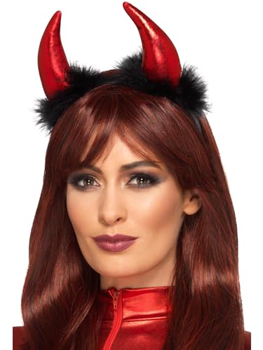 Smiffys Fascia Metallica Corna Diavolo, Rosso E Nero, Con Piume Marabù