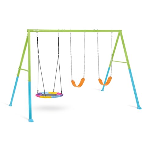 Intex 44133 Altalena Da Giardino Per Bambini Con Due Seggiolini E Dondolo Nido, Acciaio, Verde E Azzurro, 343X235X200 Cm