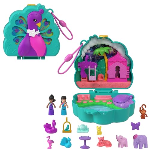 Polly Pocket - Cofanetto Giardino Dei Pavoni, Playset Da Viaggio Con 2 Micro Bambole, 12 Accessori A Tema Oasi Per Animali E Cuccioli Inclusi, Giocatt