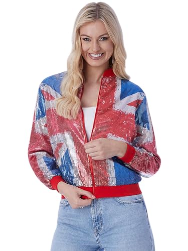Smiffys Giubbotto Bomber Con Paillettes Union Jacket, Stampa In Stile Vintage