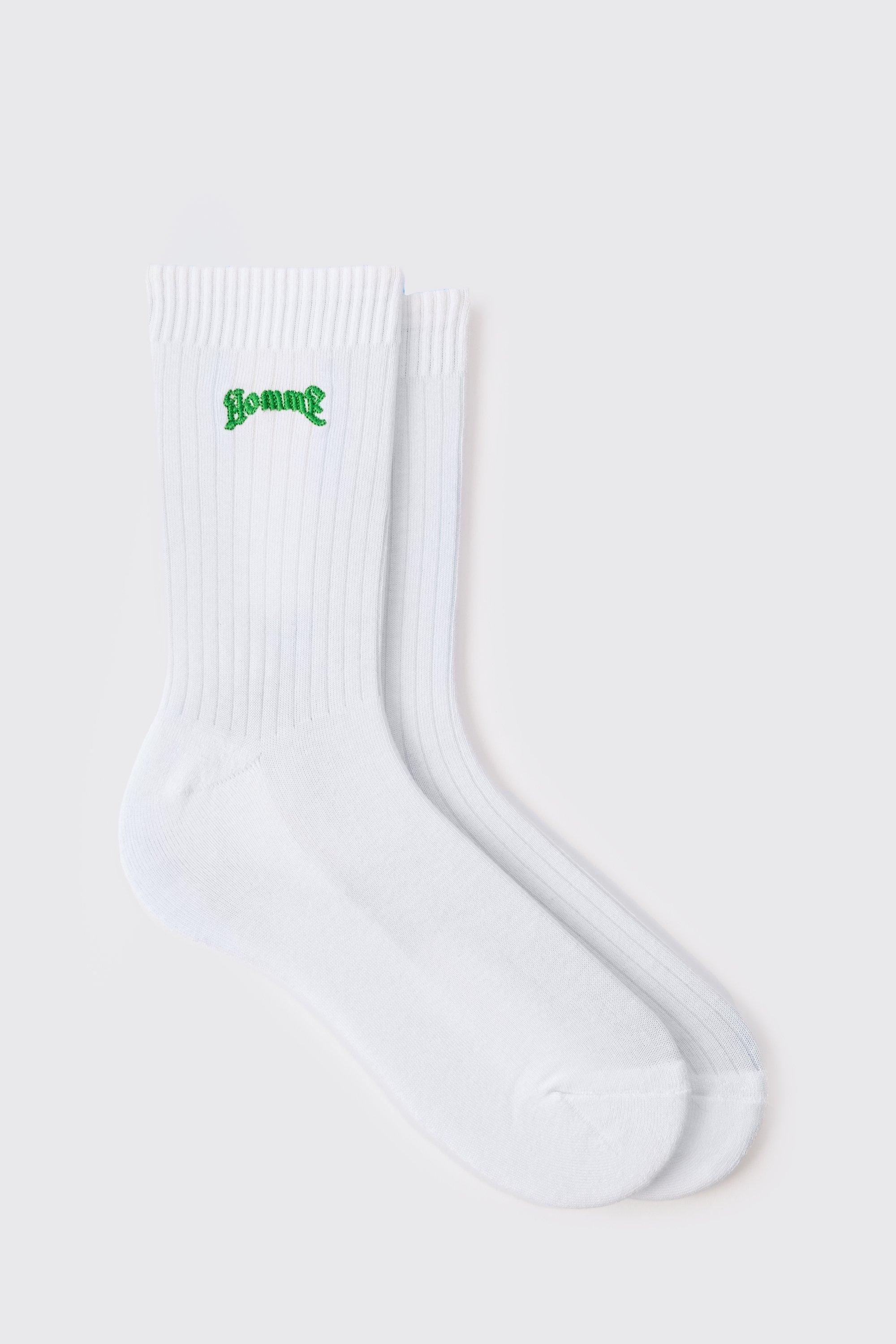 Homme Embroidered Sports Socks, Bianco