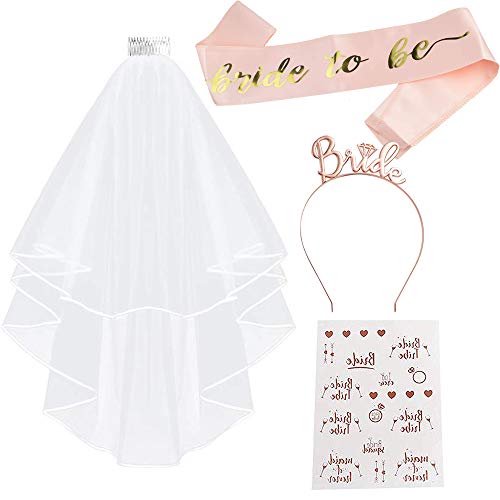 Techshare Addii Al Nubilato Gadget, Team Bride, Bride To Be Sash, Velo Bianco Con Pettine, Fascia Per Capelli Corona, Tatuaggi (Oro Rosa)