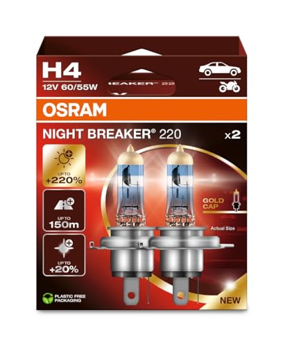 Osram Night Breaker 220, H4, 220% Di Luminosità In Più, Lampada Faro Alogena, 64193Nb220-2Hb, Scatola Pieghevole (2 Lampade)