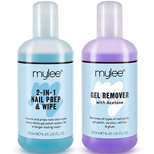 Mylee Soluzione Prep Wipe + Gel Remover Per Smalto Gel Semipermanente, Detergente Per Unghie Uv Led Manicure Acetone 2X250Ml