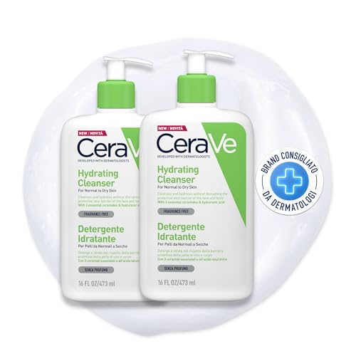 Cerave Detergente Idratante Viso, Per Pelli Da Normali A Secche, Pulizia E Idratazione Profonde, Con Acido Ialuronico E Ceramidi, 2 X 473 Ml