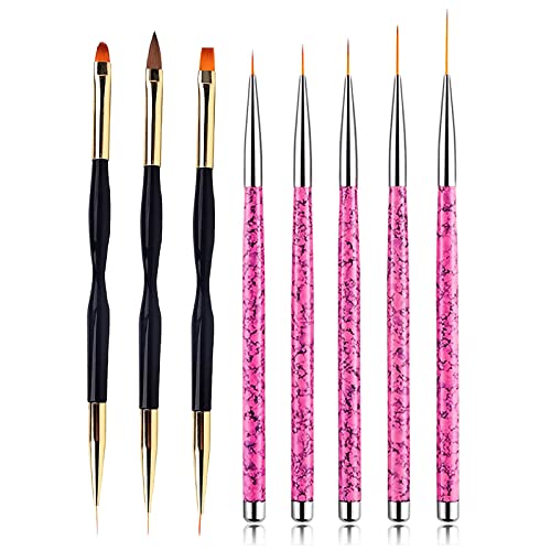 8 Pezzi Pennello Per Dettagli Nail Art, 5 Pezzi Rosa Pennelli,3 Pezzi 2 In 1 Dual-Ended Nail Art Unghie, Pennelli Set Per Disegnare Modelli Di Linea P