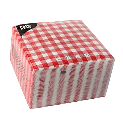 Papstar 87102 - Tovaglioli Con Motivo A Quadretti, 330 X 330 Mm, Stampati, 14 Pieghe, 3 Veli, Tessuto A Quadretti Rossi E Bianchi