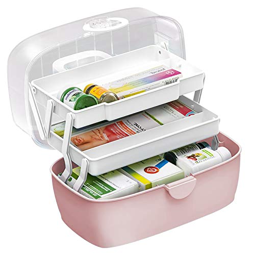 Scatola Per Medicinali, 3 Strati Scatola Di Medicina,Contenitore Per Medicinali Di Emergenza Multifunzione Scatola,Immagazzinaggio Con Maniglia,Rosa,1