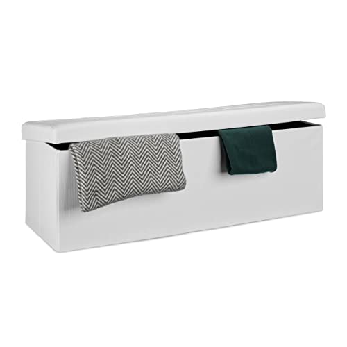 Relaxdays Pouf Pieghevole Con Contenitore Xxl, Panca Divanetto Portaoggetti, Lino, Hxlxp 38 X 114 X 38 Cm, Bianco