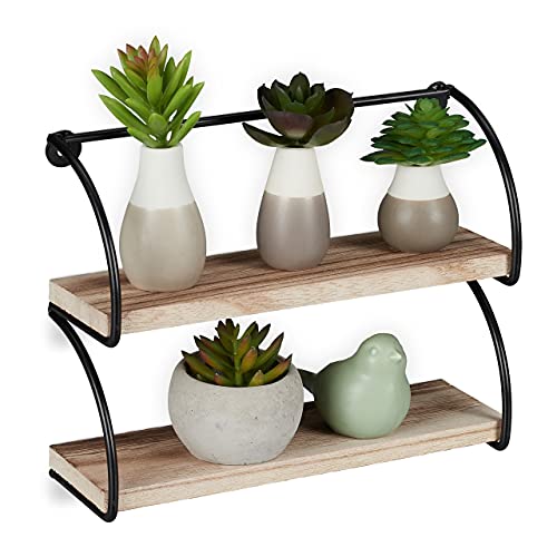 Relaxdays Wandregal Industrial 2 Ablagen Mensole Da Muro, 2 Ripiani, Metallo & Aspetto Legno, Libreria Parete H X L X P: 17 X 22 X 7 Cm, Nero, Natural