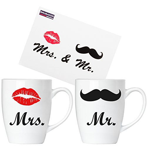 Brubaker Mr. & Mrs. Cups Set Di Tazze Da Caffè In Ceramica - 300 Ml - Regalo Di Nozze Con Biglietto D'Auguri E Confezione Regalo