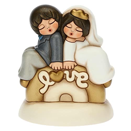 Thun, Bomboniera Matrimonio Top Cake Love Con Sposini In Ceramica Decorata A Mano, Linea Bomboniere, 12X12X13.5 Cm H